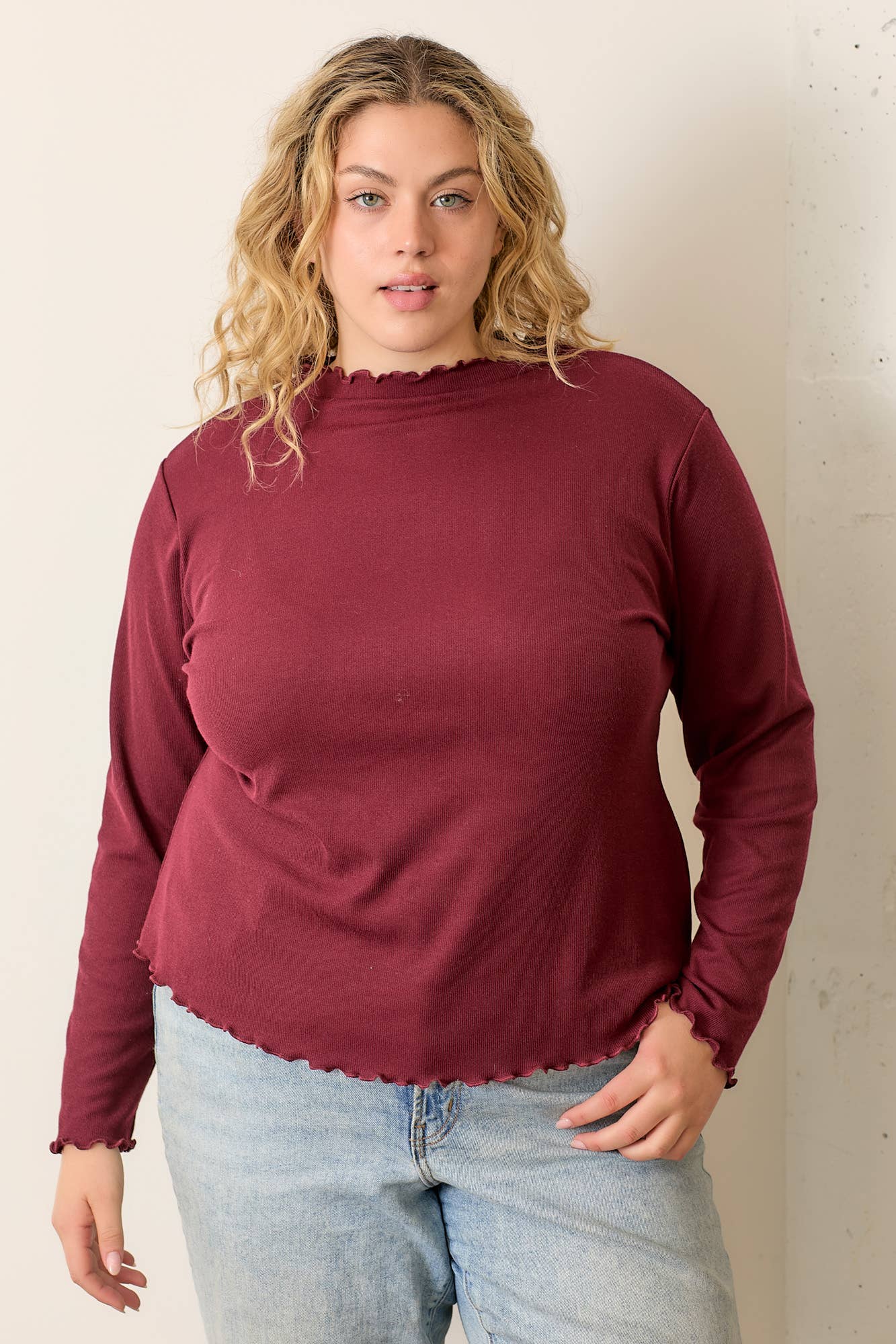 PLUS Ruffled High Neck Rib Knit Top