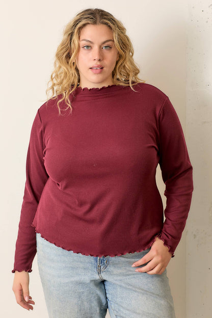 PLUS Ruffled High Neck Rib Knit Top