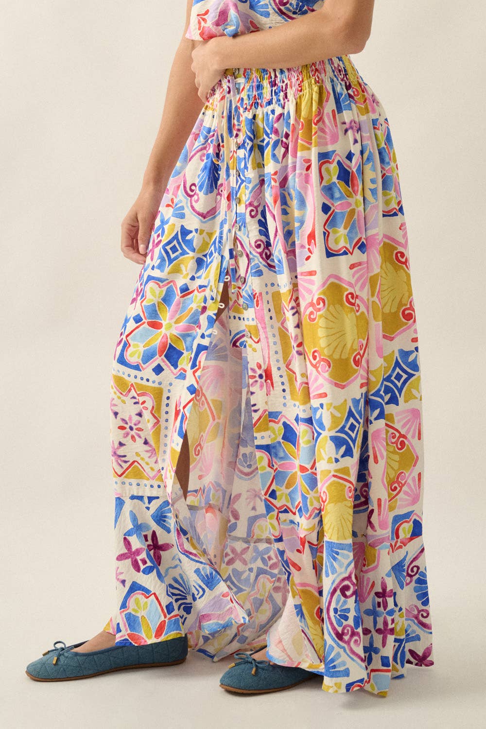 Summer Sun Smocked-Waist Half-Button Maxi Skirt