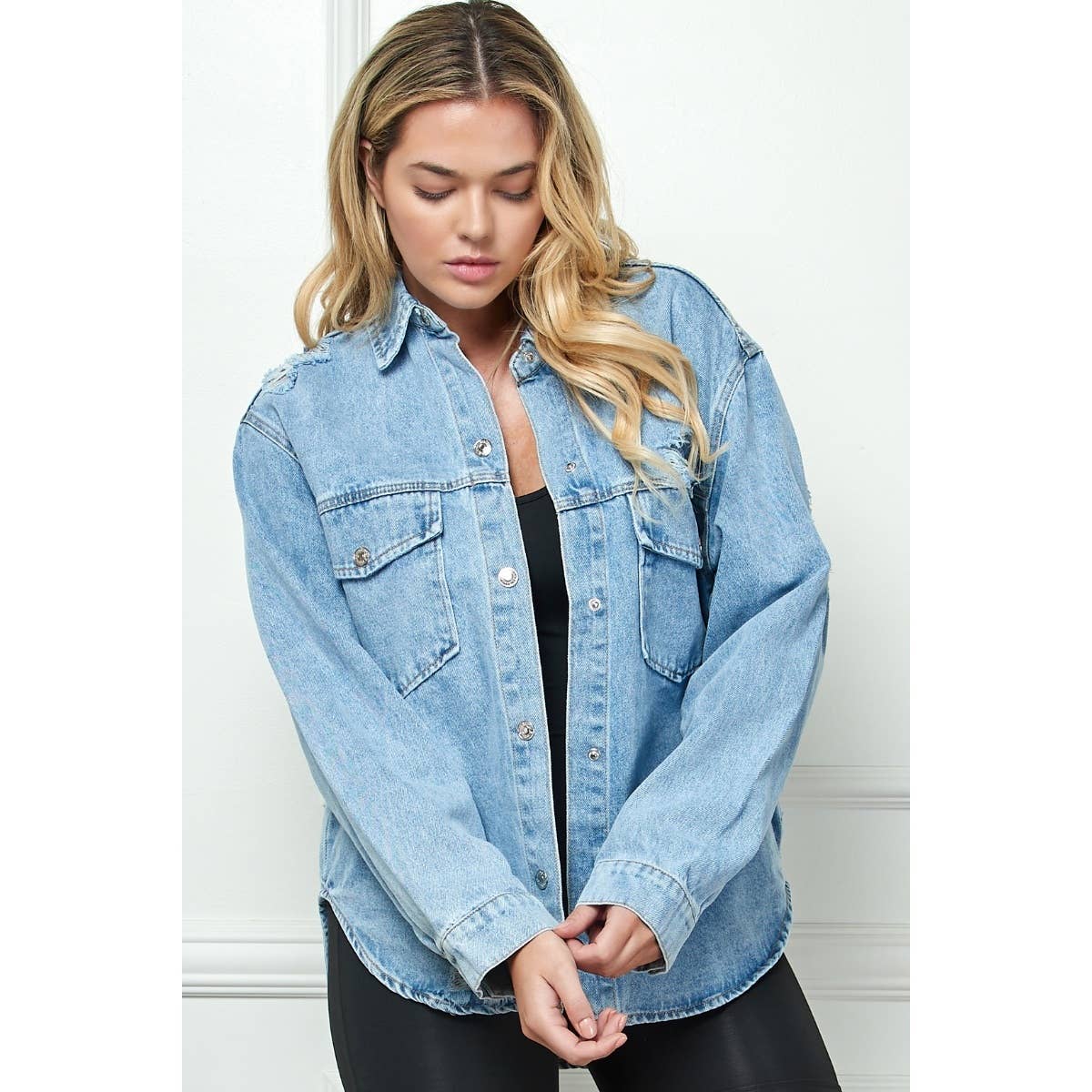 PLUS Distressed Denim Jacket