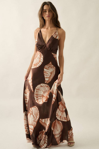 Seashell Satin Halter Open-Back Maxi Dress