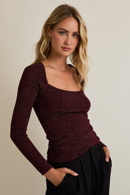 Shimmer Deep Neck Long Sleeve Top
