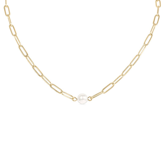 Gold Paperclip Necklace With Pearl 16"