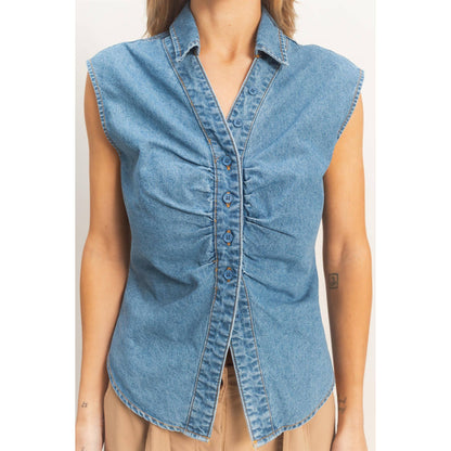 Sleeveless Denim Button-Up Top