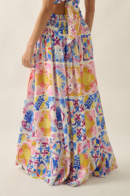 Summer Sun Smocked-Waist Half-Button Maxi Skirt