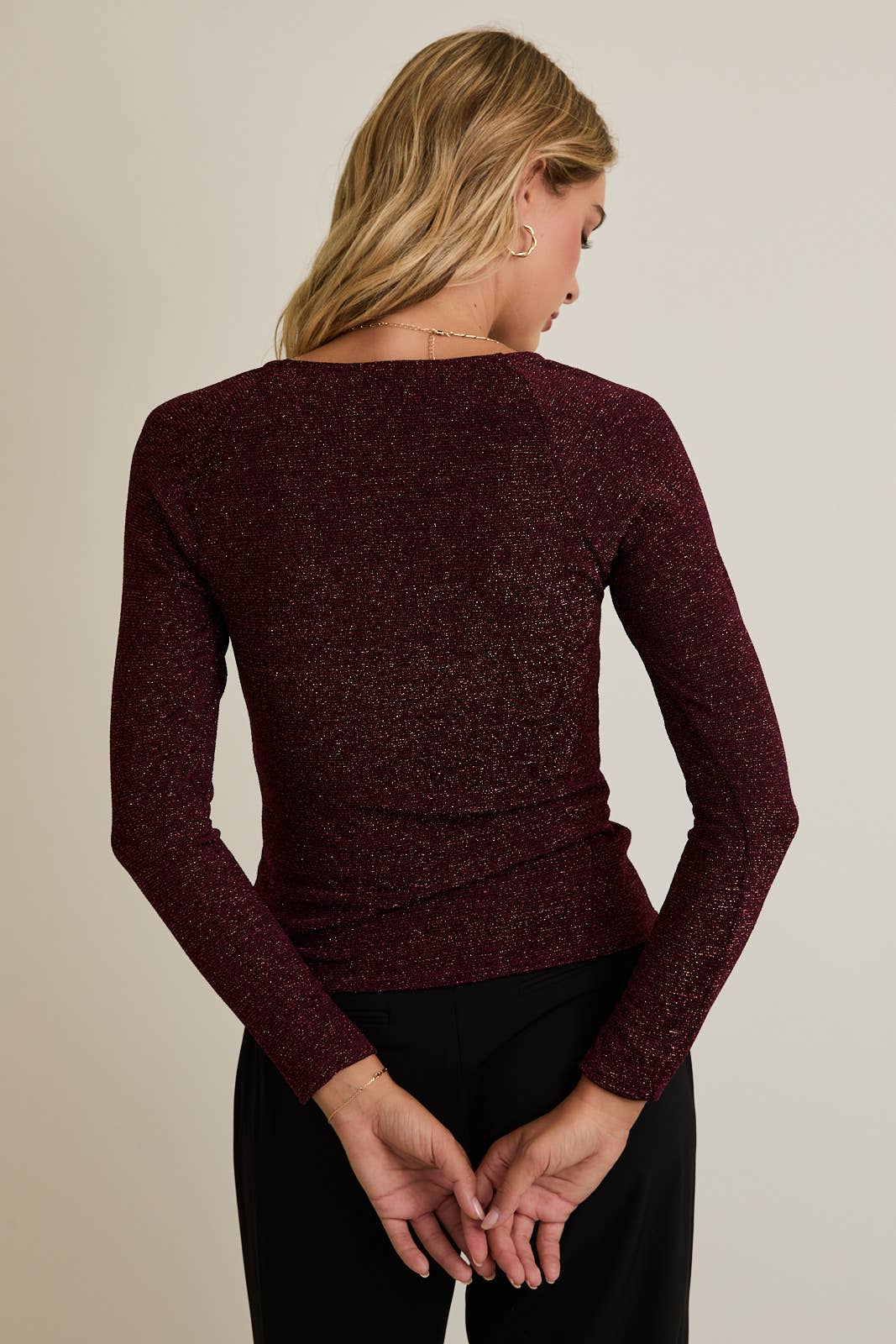 Shimmer Deep Neck Long Sleeve Top