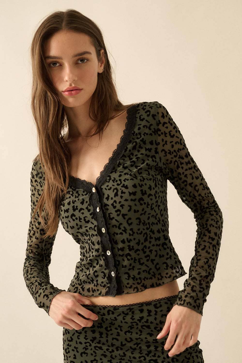 Leopard Mesh Lace-Trim Button-Front Top