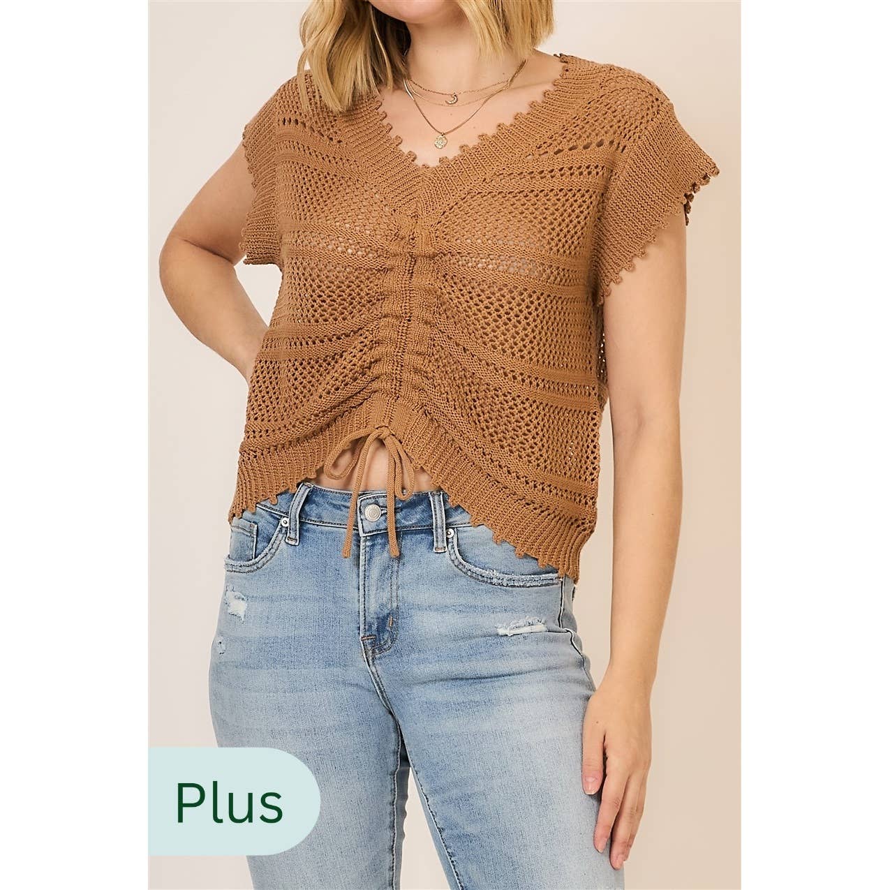 PLUS Ruched V Neck Short Sleeve Top