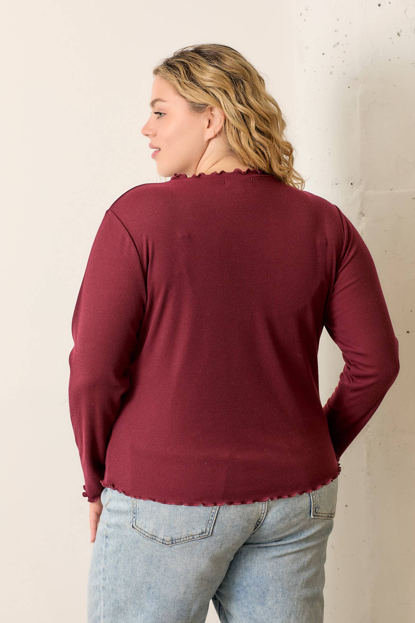 PLUS Ruffled High Neck Rib Knit Top