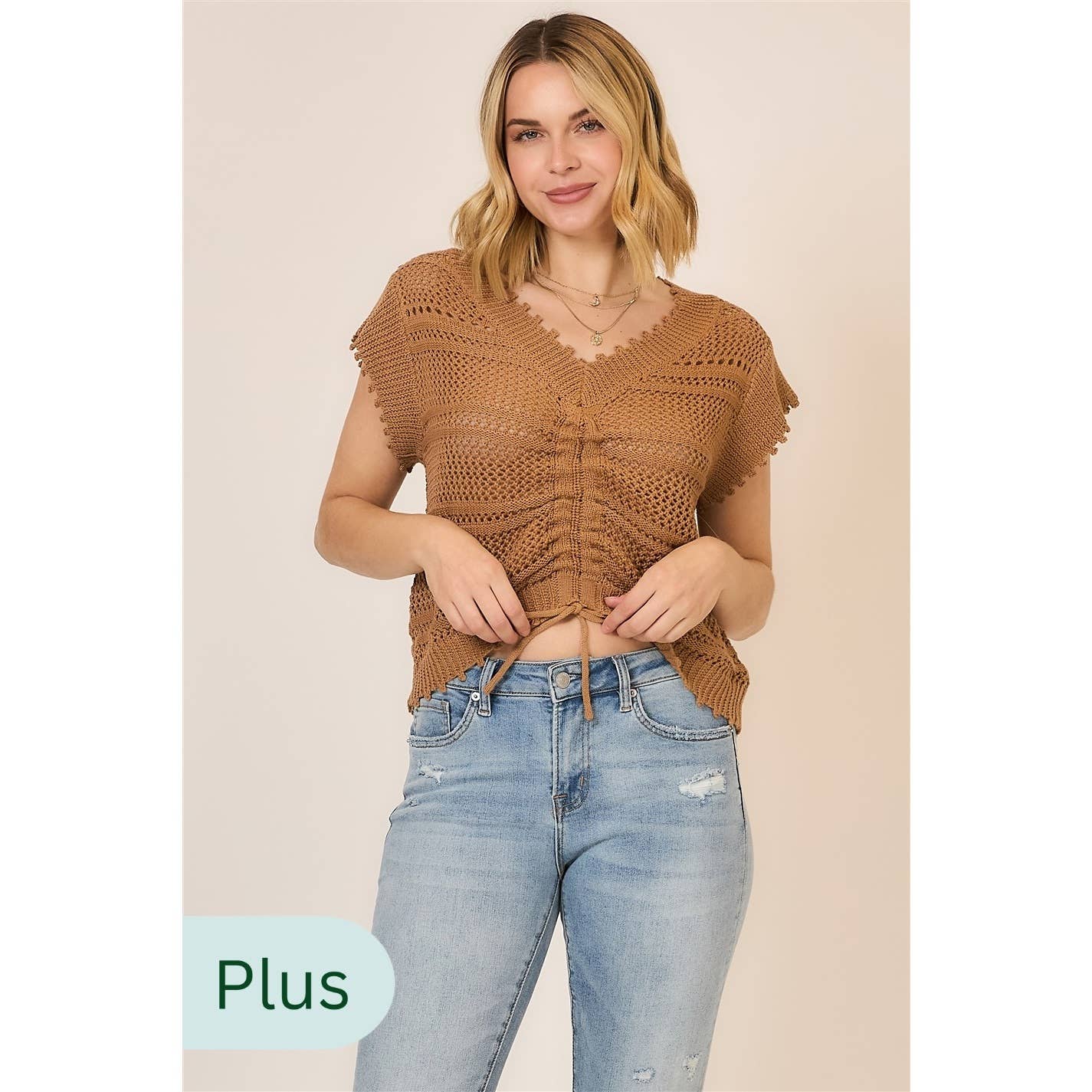 PLUS Ruched V Neck Short Sleeve Top