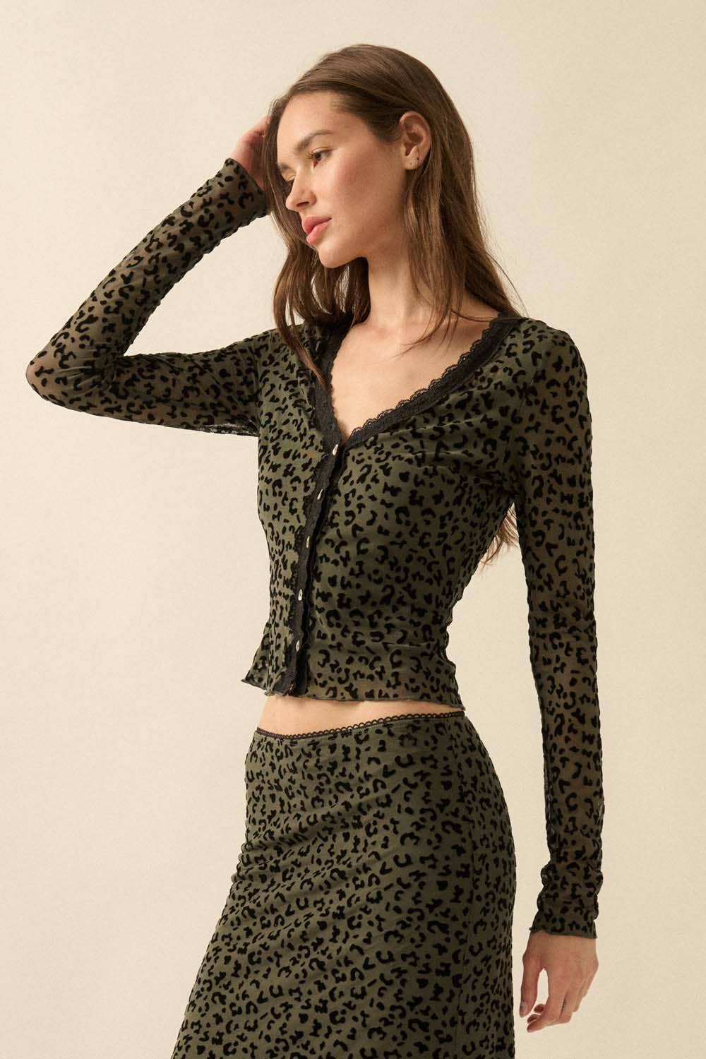 Leopard Mesh Lace-Trim Button-Front Top