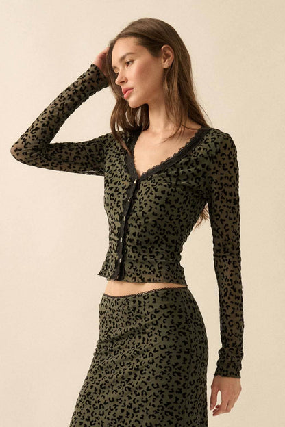 Leopard Mesh Lace-Trim Button-Front Top