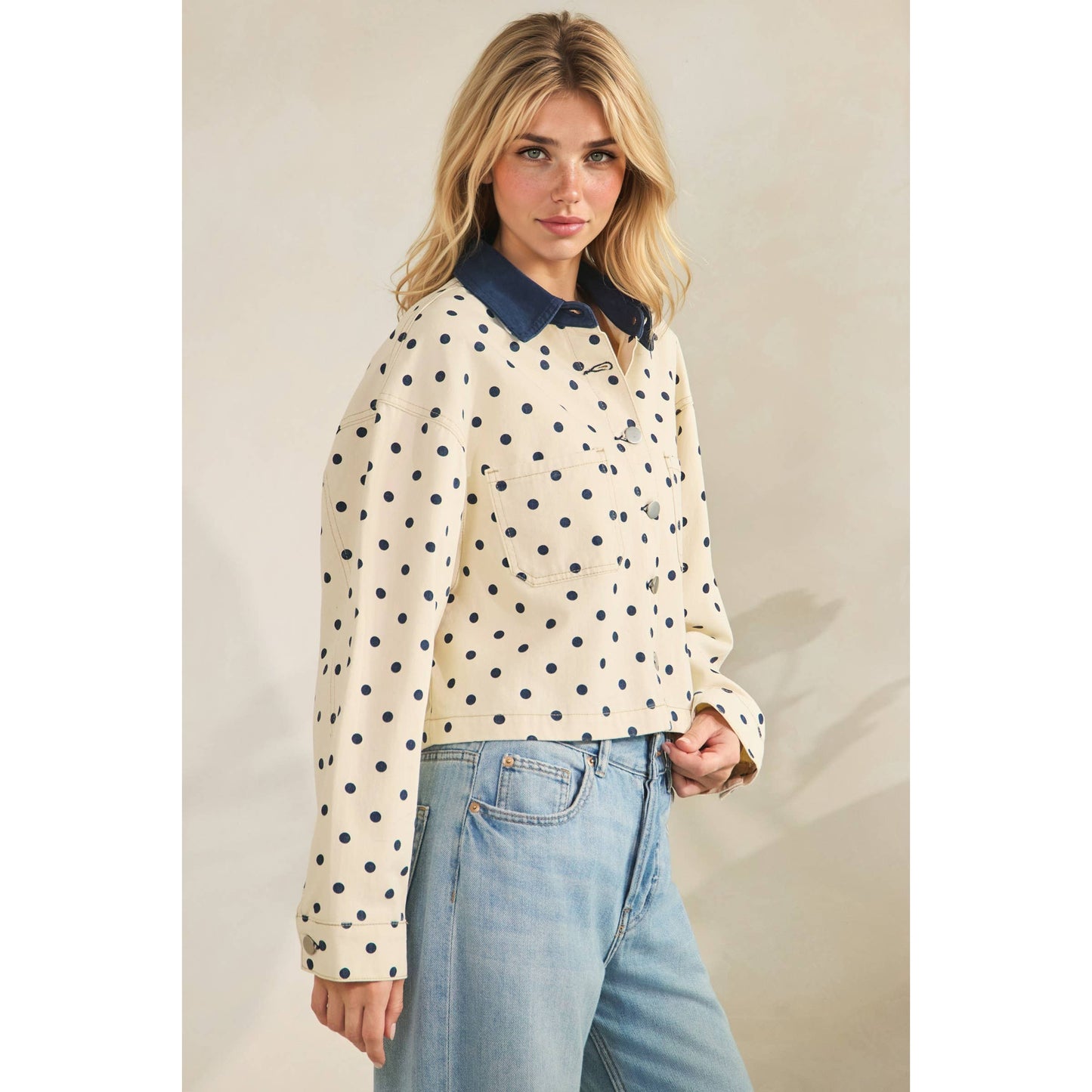 Cropped Polka Dot Denim Jacket