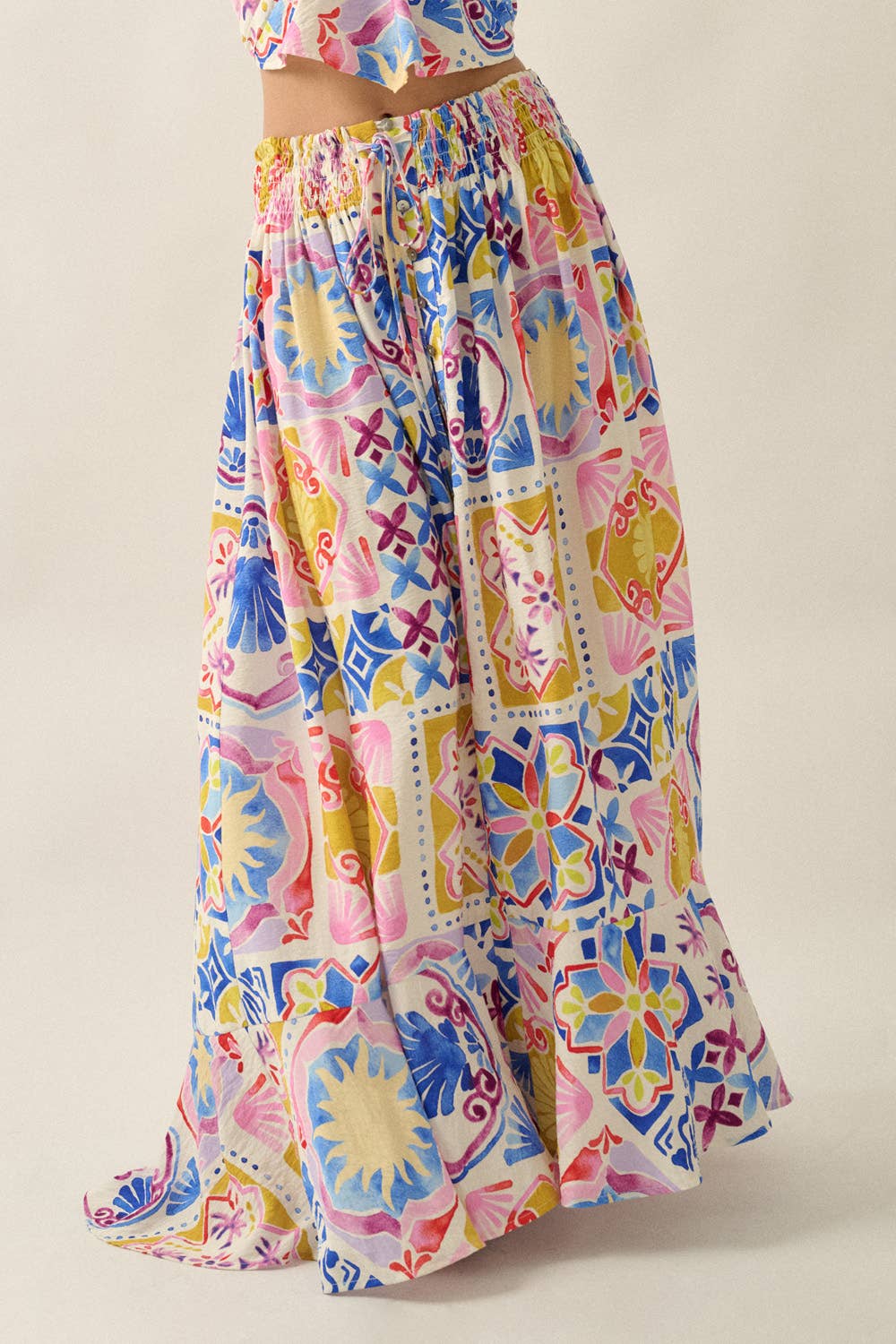 Summer Sun Smocked-Waist Half-Button Maxi Skirt