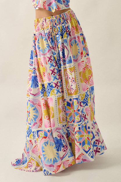 Summer Sun Smocked-Waist Half-Button Maxi Skirt