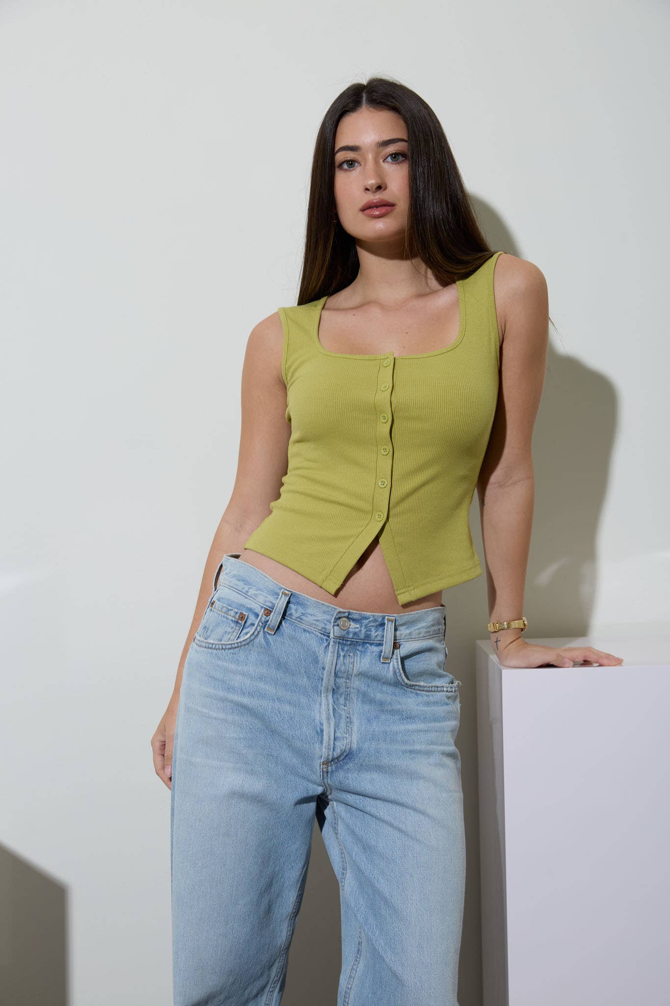 Button Down Split Hem Tank