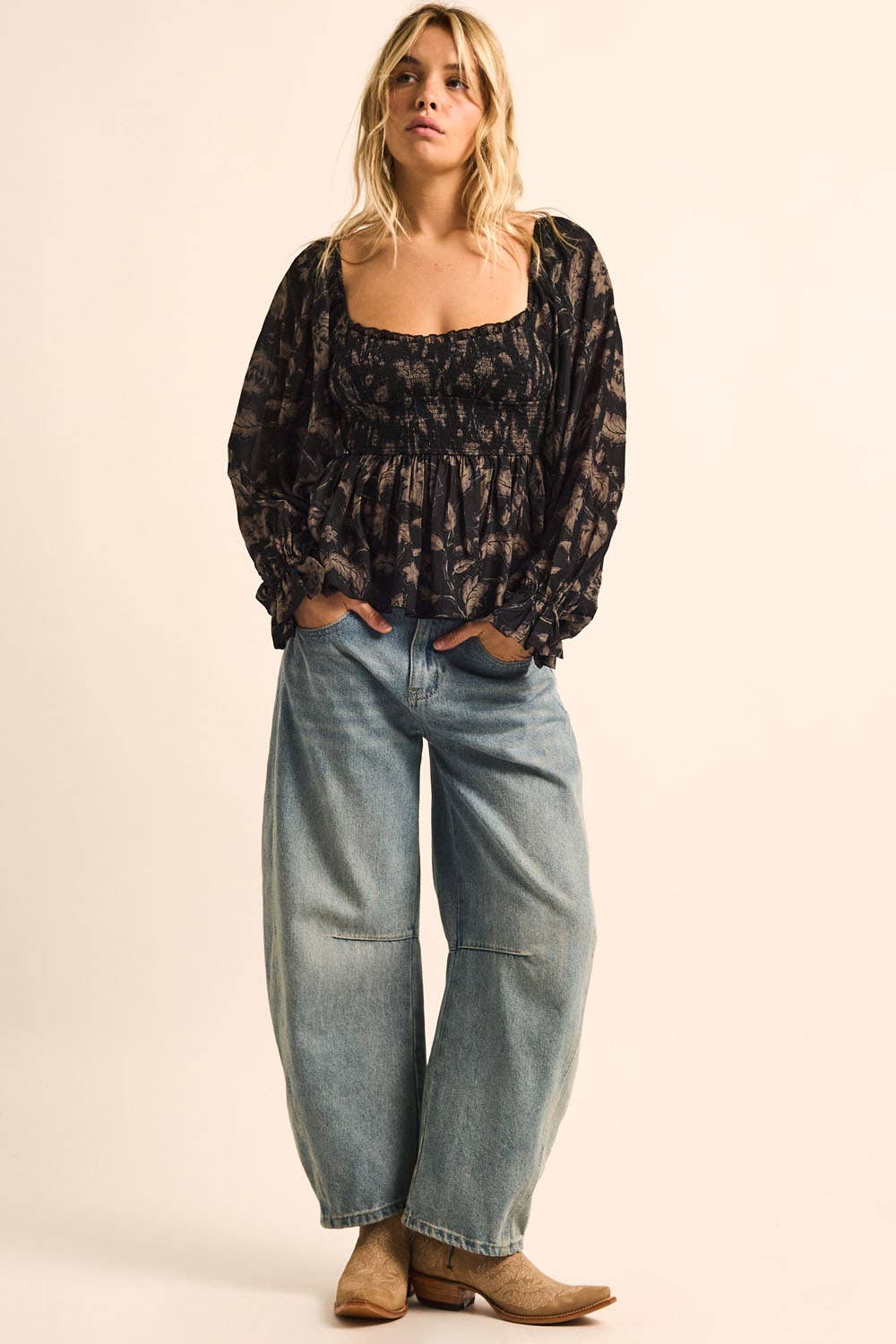 Floral Peplum Bubble-Sleeve Top