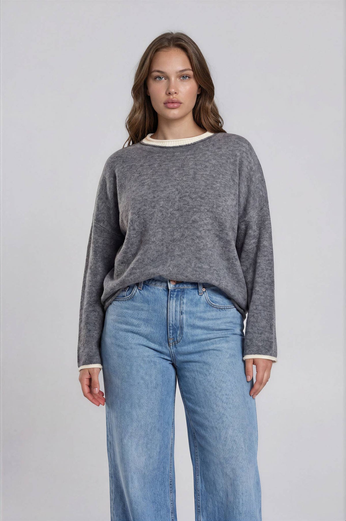 PLUS Contrast Crewneck Pullover Sweater