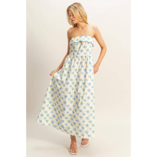 Floral Foldover Neck Tube Maxi Dress