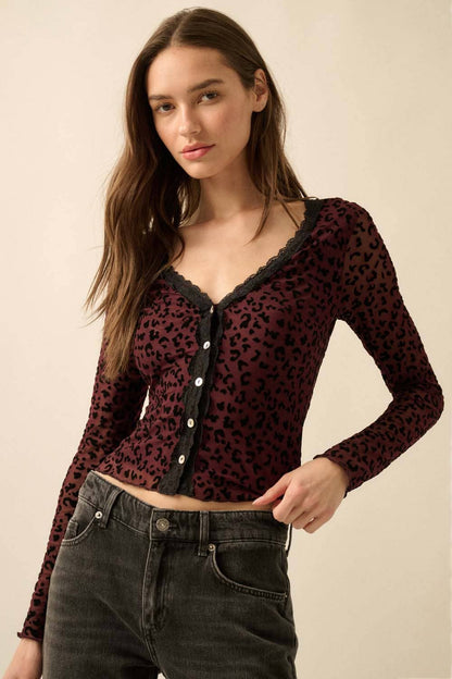 Leopard Mesh Lace-Trim Button-Front Top