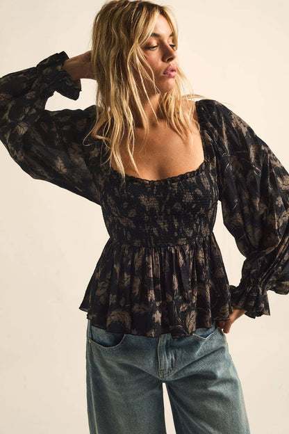 Floral Peplum Bubble-Sleeve Top