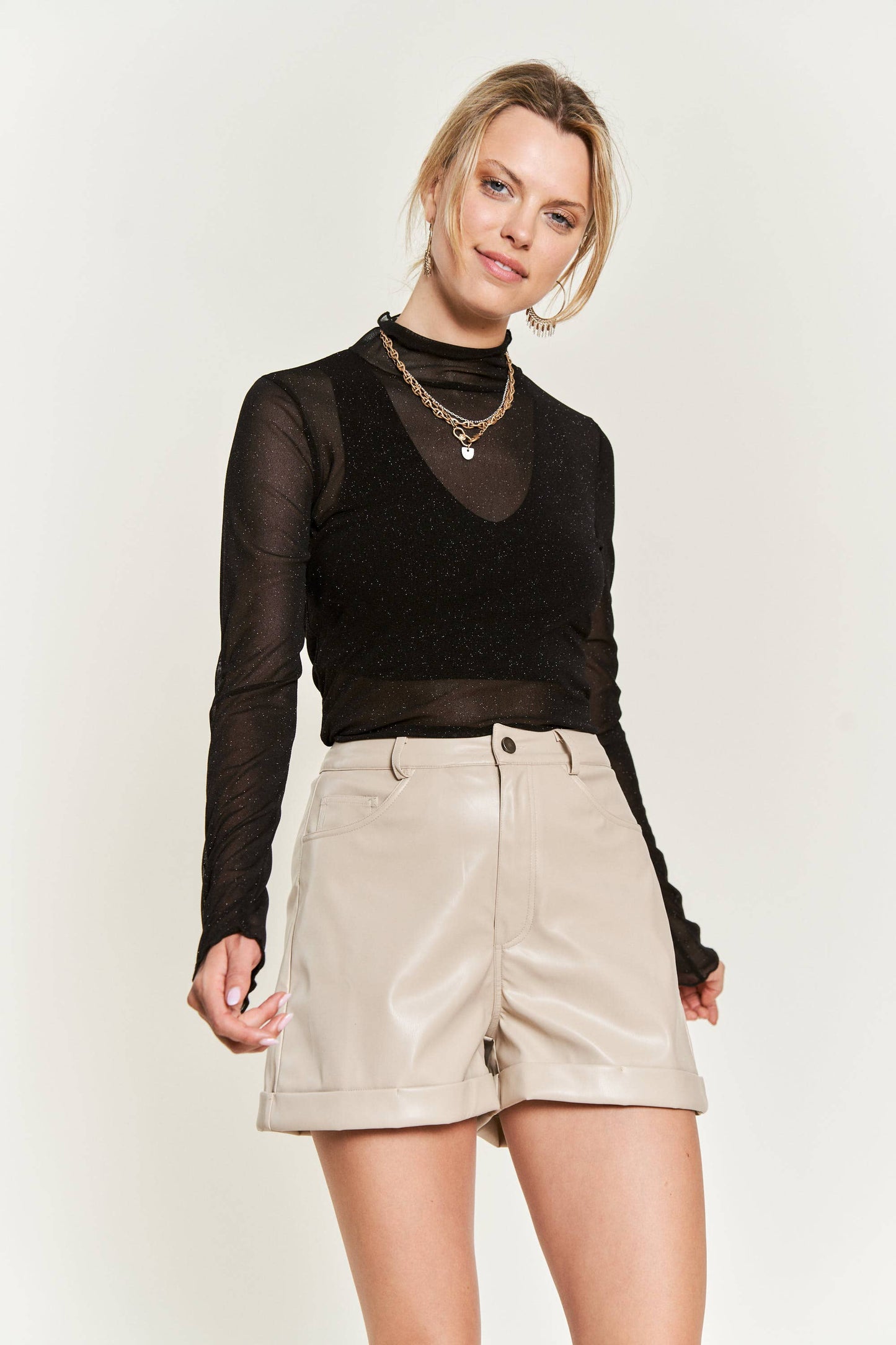 Glitter Mesh Mock Neck Top