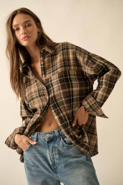 Colorblock Plaid Flannel Loose-Fit Button-Up Shirt