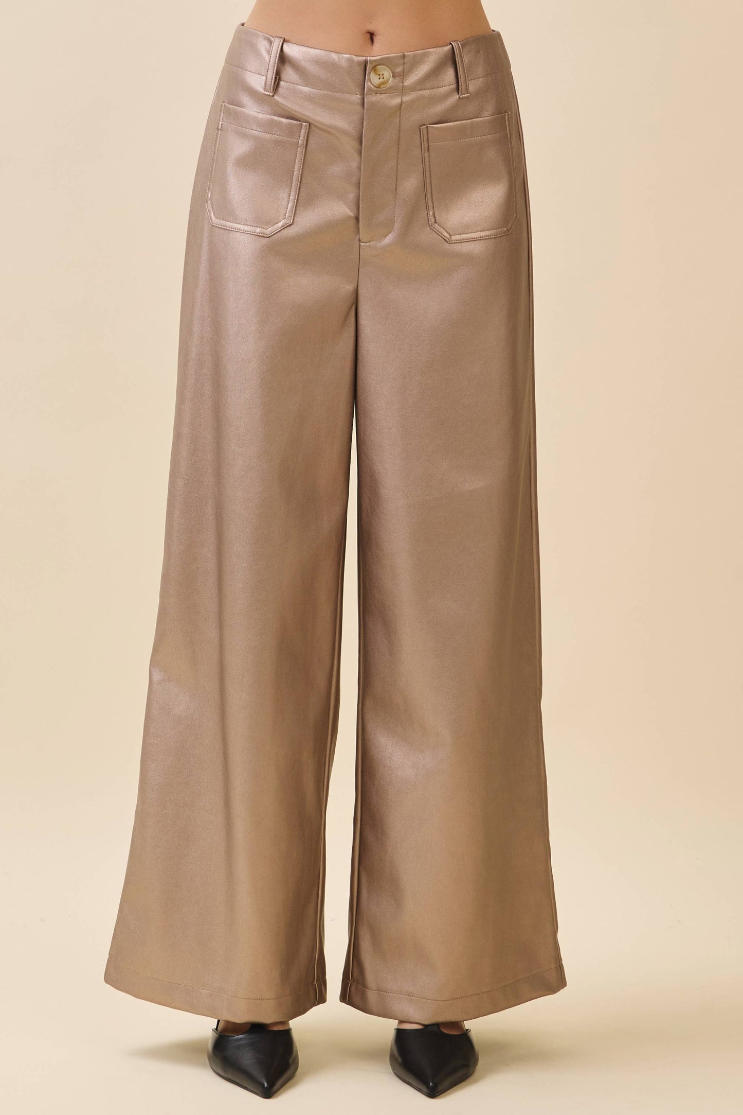 Metallic Wide-Leg Faux Leather Pants