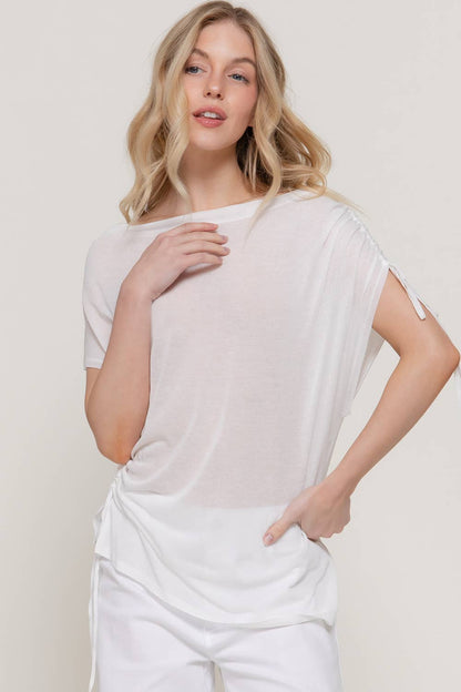 Asymmetric Drawstring Sheer Top