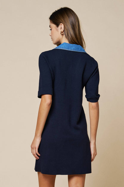 Denim Trim V-Neck A-Line Dress