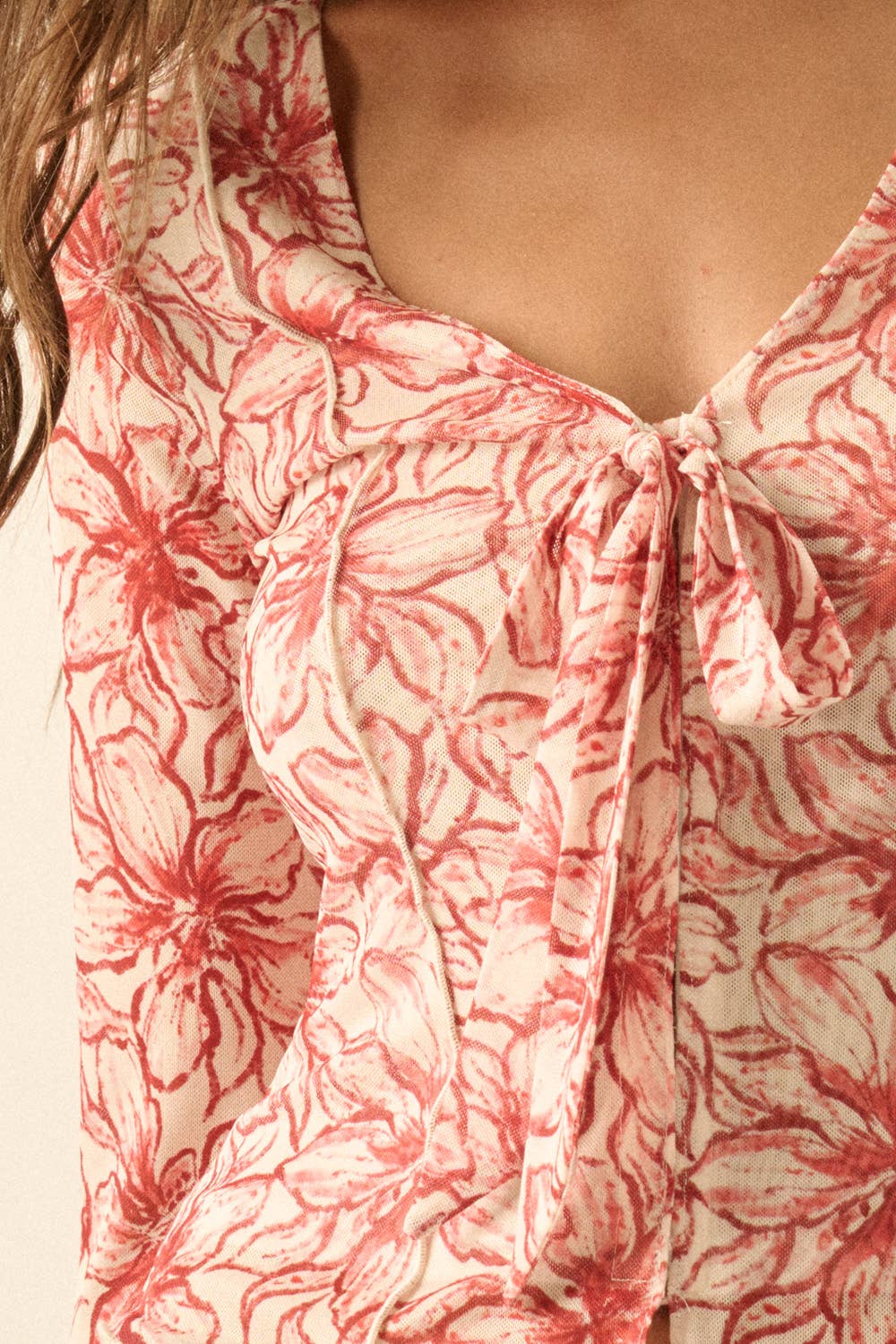 Floral Mesh Bell-Sleeve Top