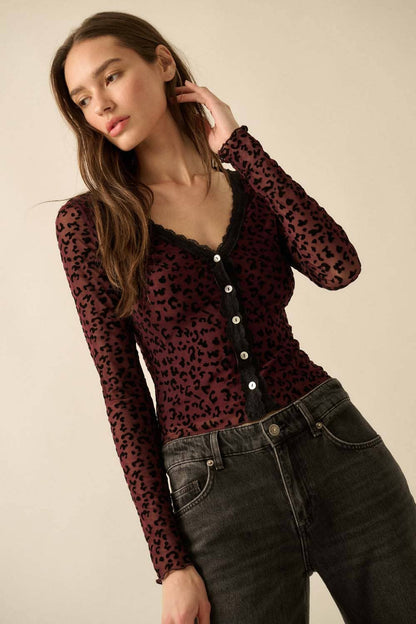 Leopard Mesh Lace-Trim Button-Front Top
