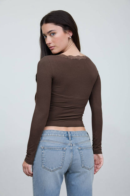 Lace Trim Henley Knit Top