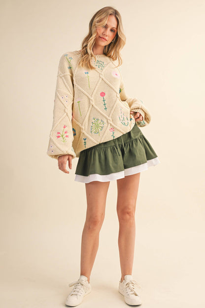FLORAL EMBROIDERED LATTICE CABLE SWEATER