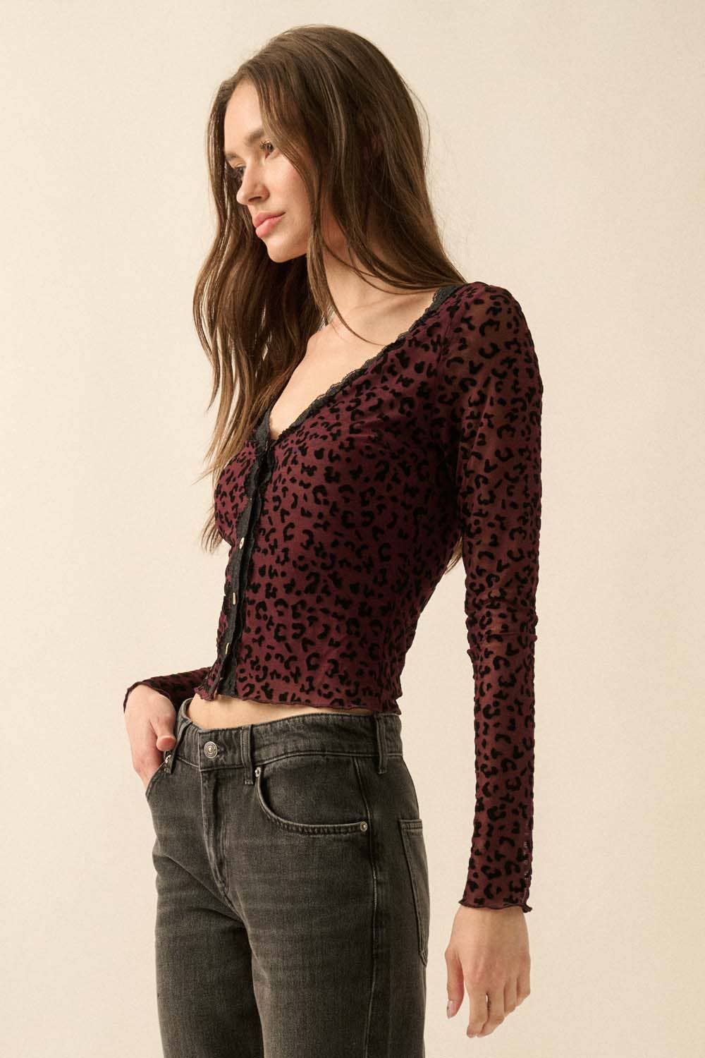 Leopard Mesh Lace-Trim Button-Front Top