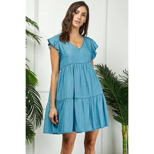 Flutter Sleeve Chambray Tiered Dress
