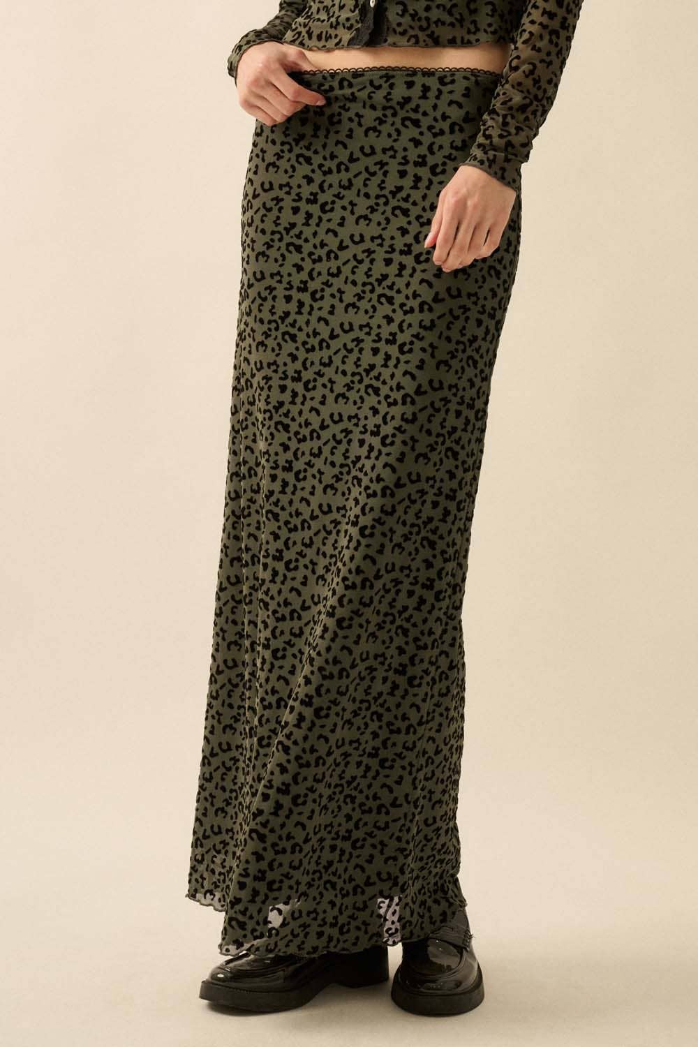 Leopard Mesh Straight Maxi Skirt