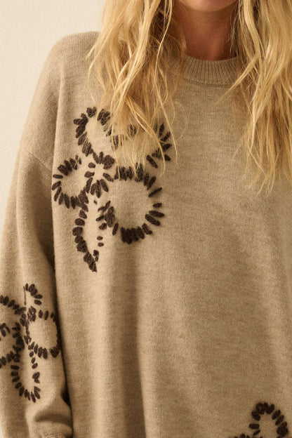 Floral Embroidered Mock-Neck Mini Sweater Dress