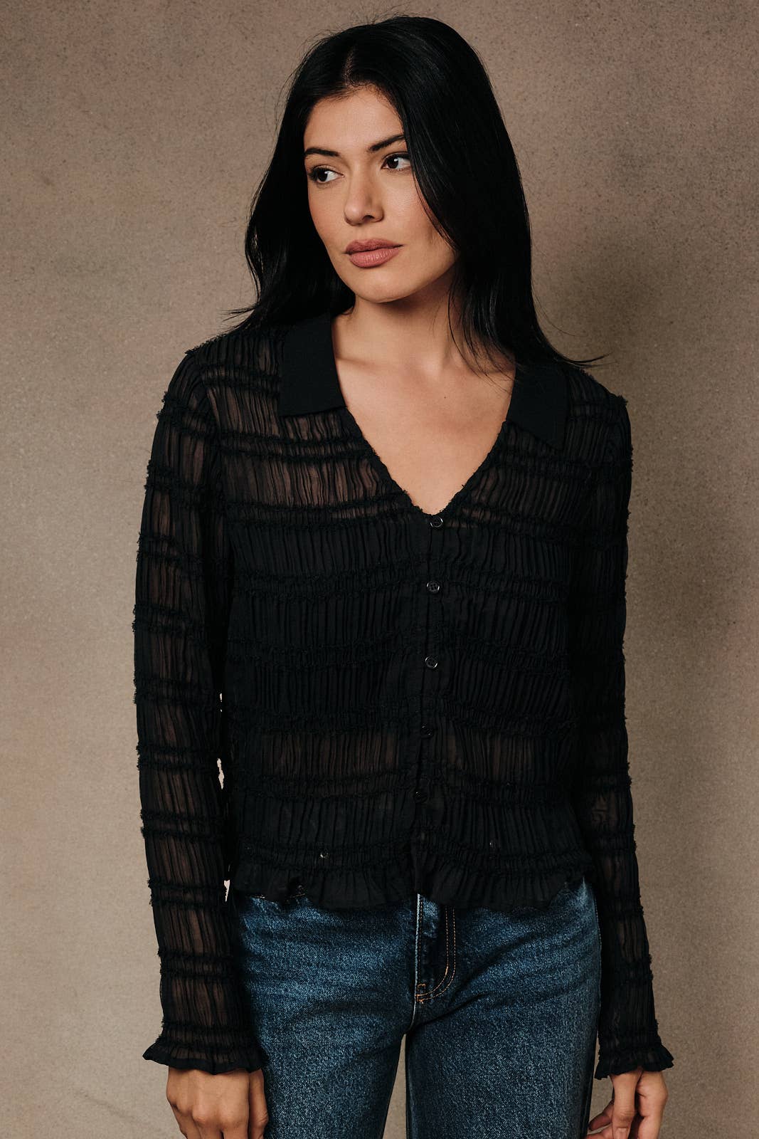 Shirred Long Sleeve Collared Shirt