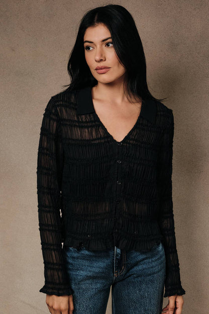 Shirred Long Sleeve Collared Shirt
