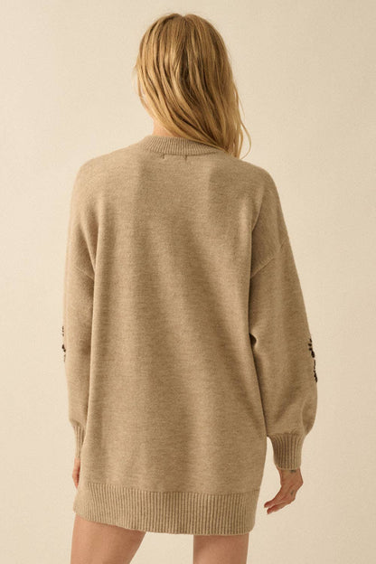 Floral Embroidered Mock-Neck Mini Sweater Dress