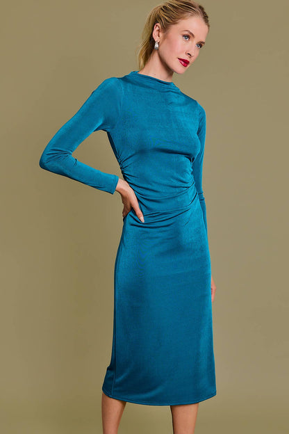 Shimmer Long Sleeve Side Shirring Midi Dress