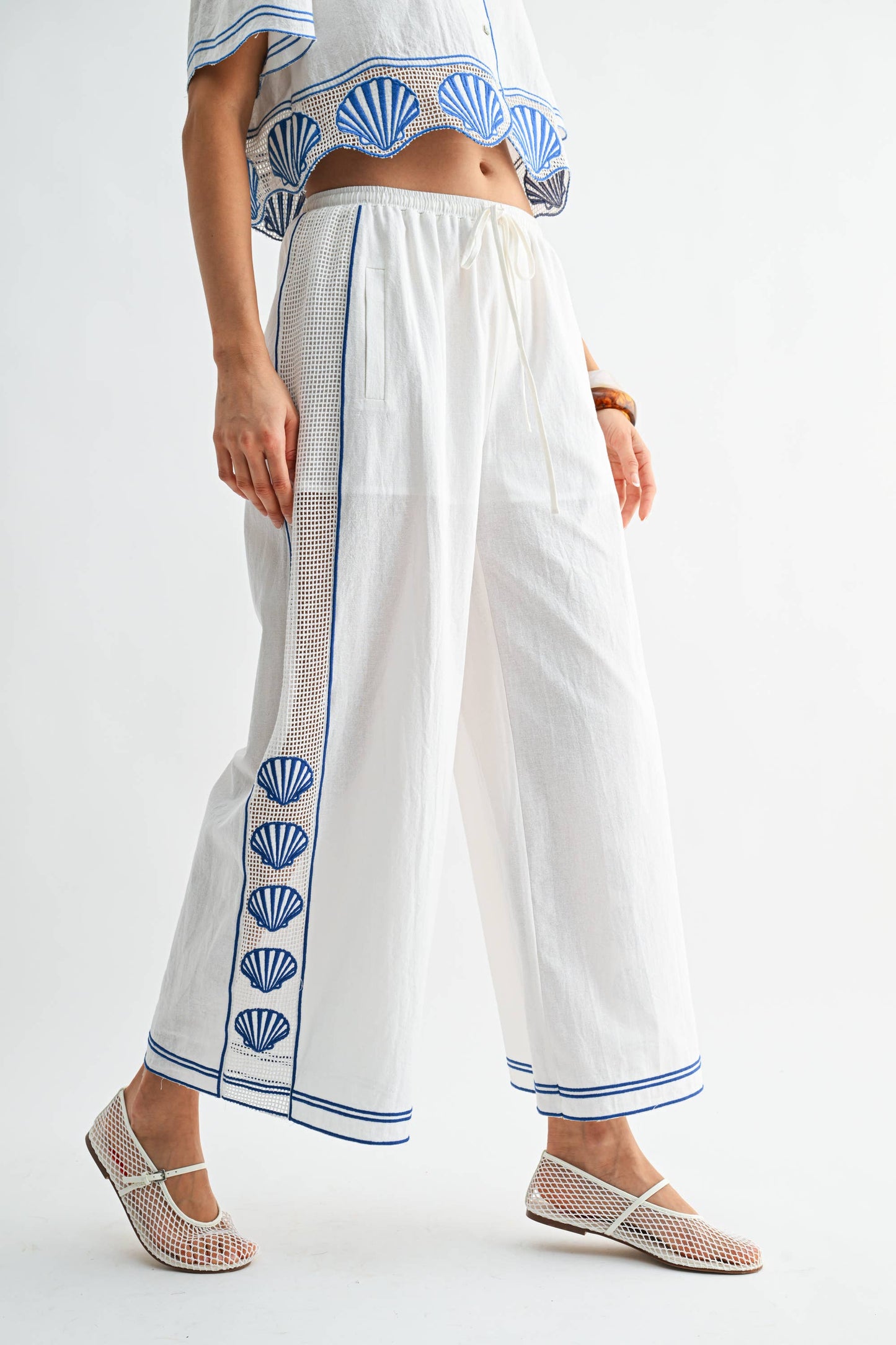 Scallop Embroidered Wide-Leg Pants