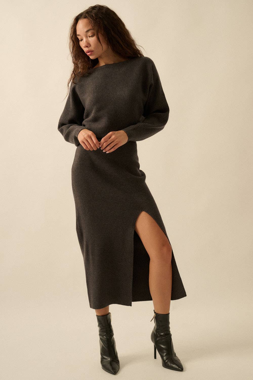 One-Shoulder Dolman Midi Sweater Dress