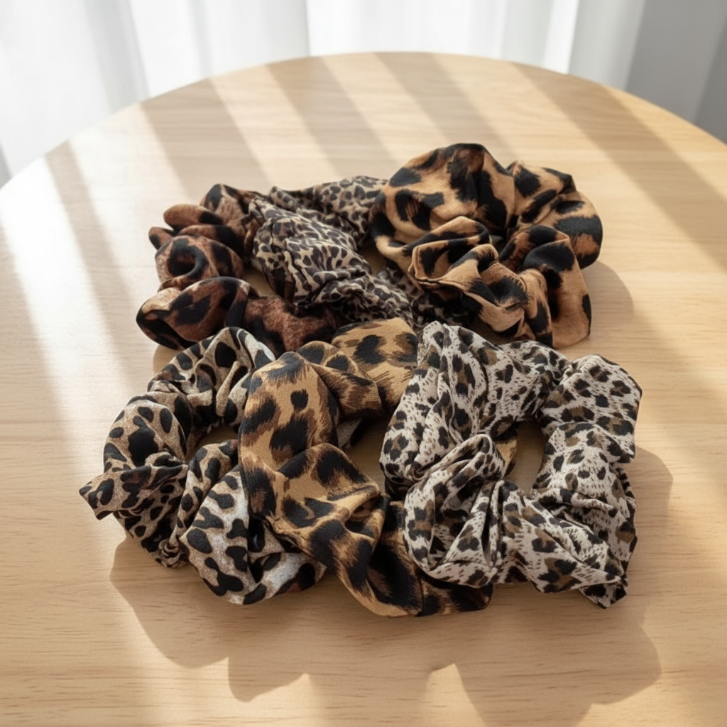 Leopard print scrunchies on a white surface
